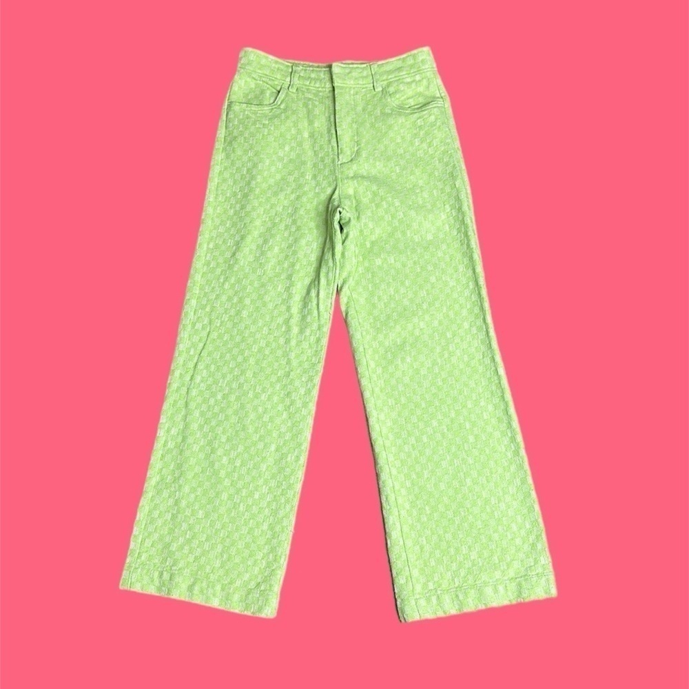 Zara Women’s Gingham High Rise Straight Leg Pants in Lime Green Sz XS